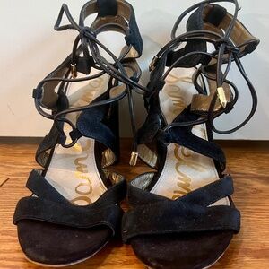 SAM EDELMAN Yardley Black Suede Cutout Gold Lace Up Chunky Block Heel Sandals